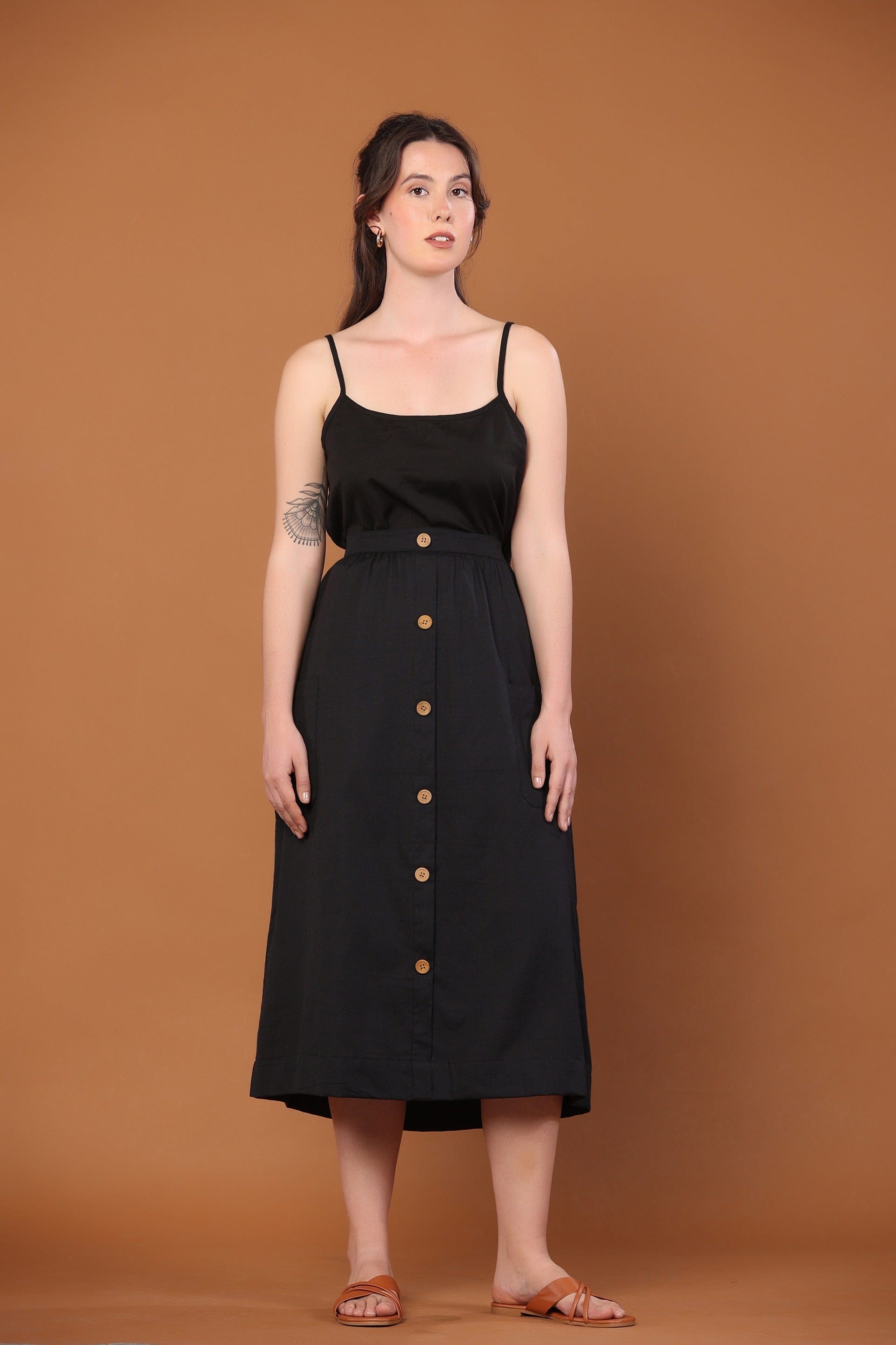 Black Cotton Flax Knee Length Skirt, Customizable Skirt, Mid-rise