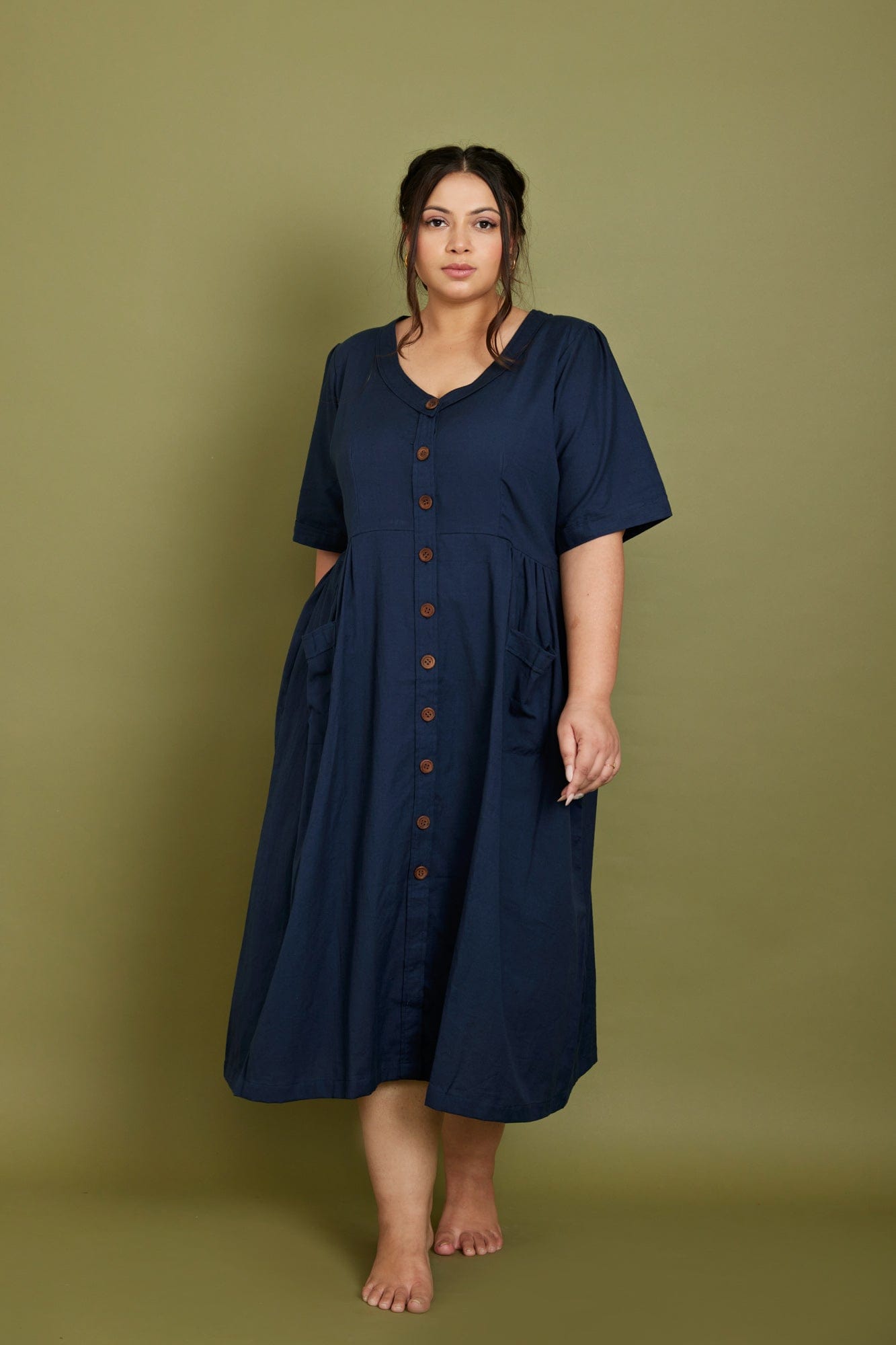 Baumwoll-Leinen-Kleid in Marine