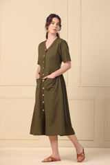 Cotton Flax Dress in Moss Green