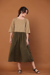 2-Tone Dress in Camel and Moss Green
