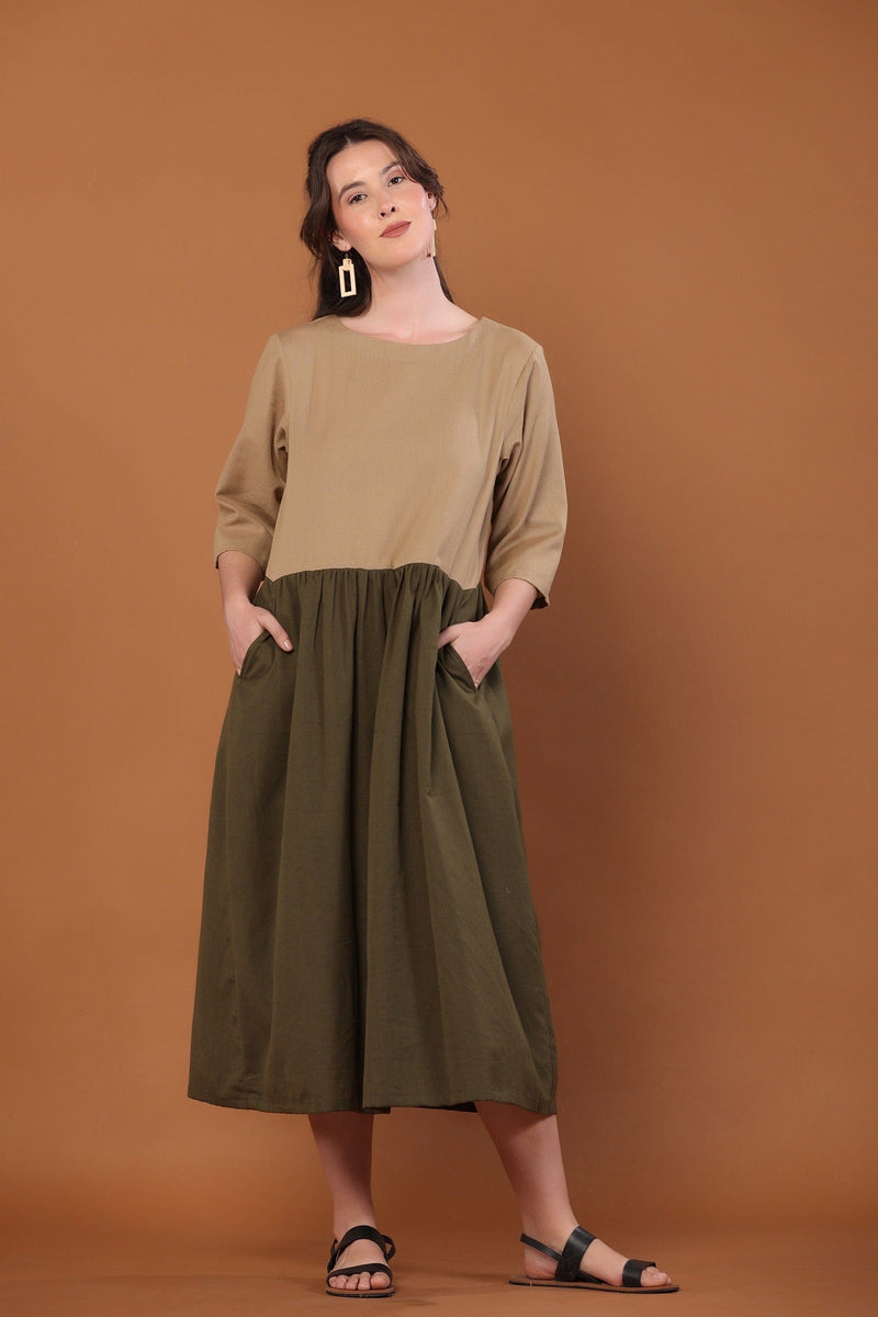 2-Tone Dress in Camel and Moss Green