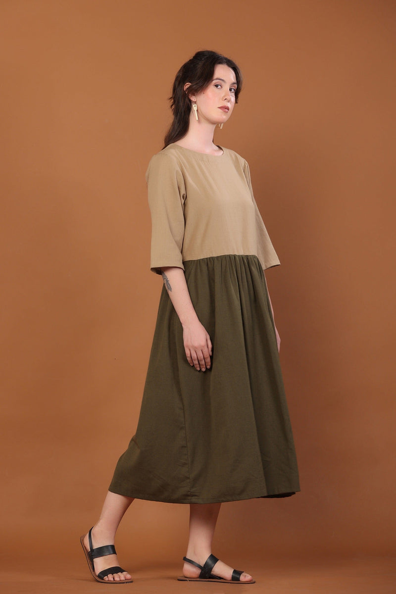2-Tone Dress in Camel and Moss Green