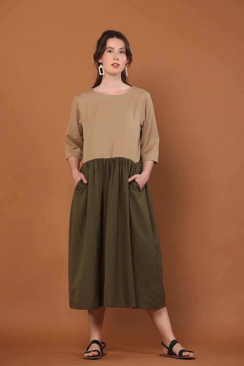 2-Tone Dress in Camel and Moss Green