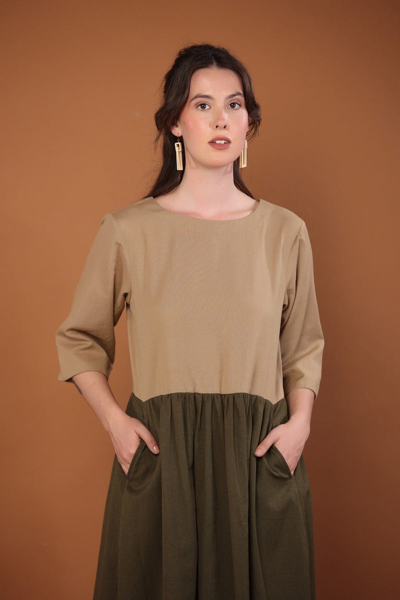 2-Tone Dress in Camel and Moss Green