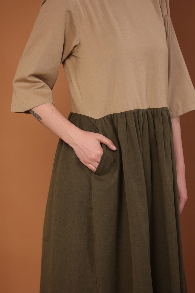 2-Tone Dress in Camel and Moss Green