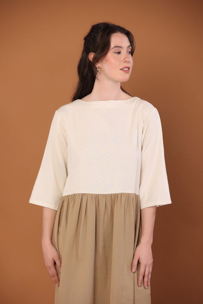 2-Tone Dress in Cream and Camel