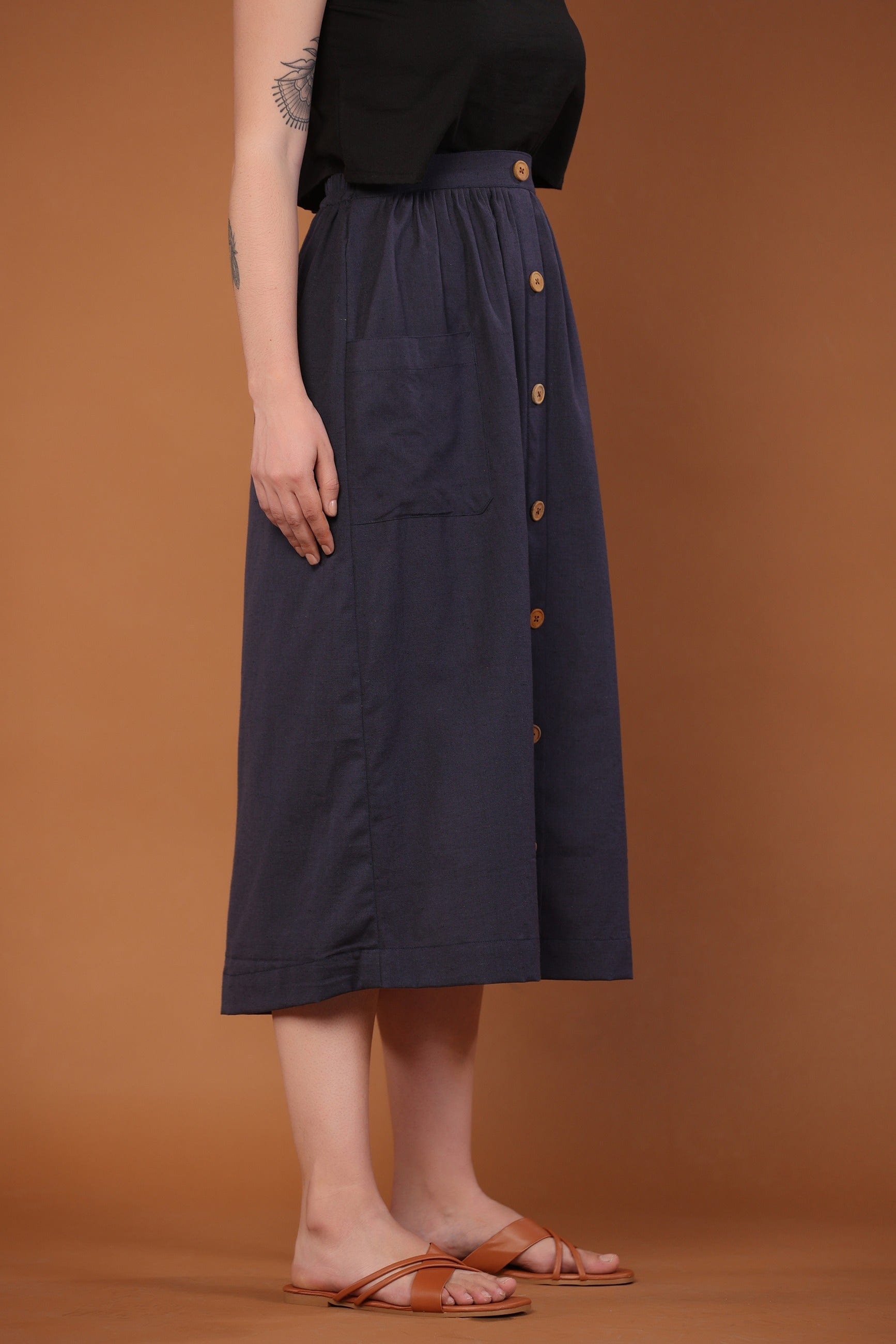 Cotton Flax Skirt in Navy