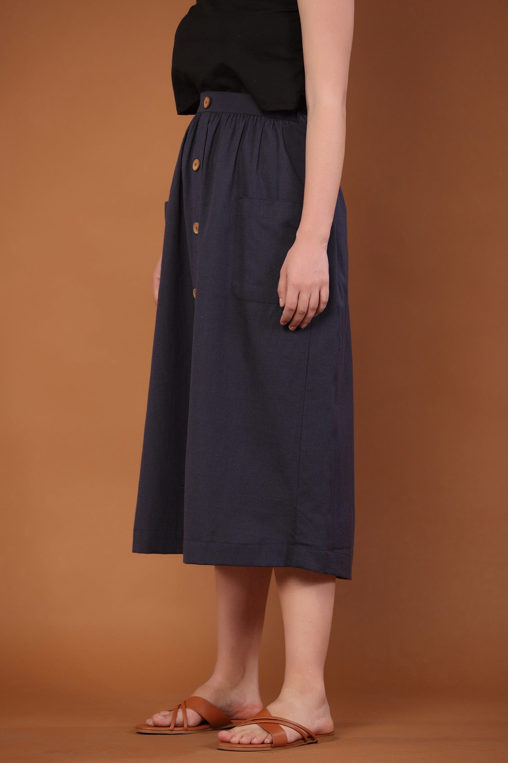 Cotton Flax Skirt in Navy