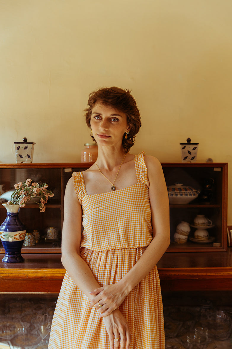 Faye Dress in Mustard Check – Pana Mina