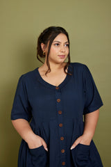 Cotton Flax Dress in Navy