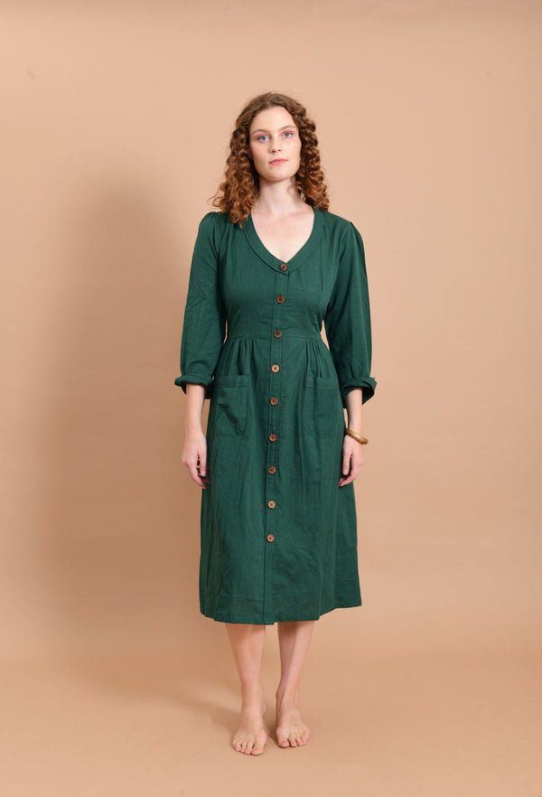 Long-sleeved Cotton Flax Dress in Emerald Green