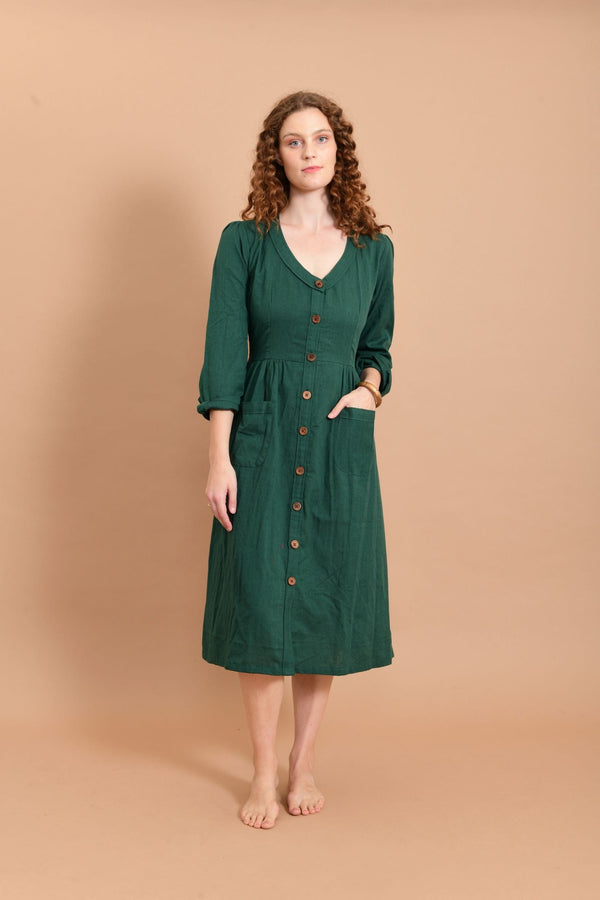Long-sleeved Cotton Flax Dress in Emerald Green