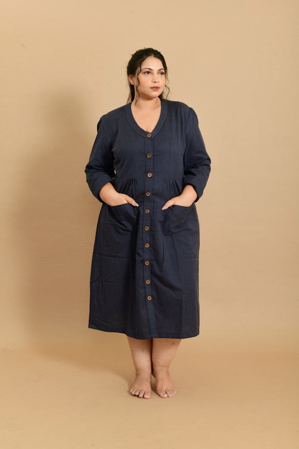 Long-sleeved Cotton Flax Dress in Navy