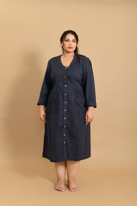 Long-sleeved Cotton Flax Dress in Navy
