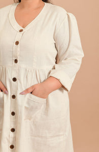Long-sleeved Cotton Flax Dress in Cream