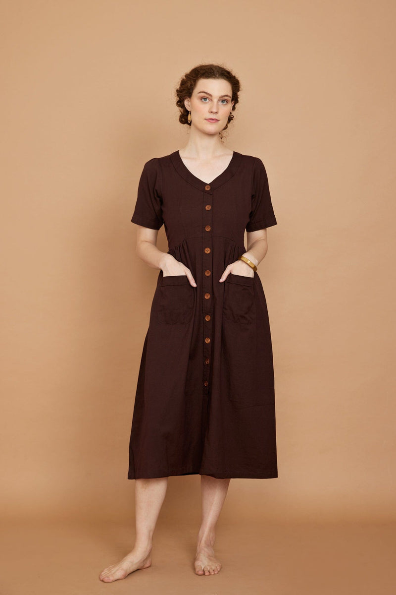 Cotton Flax Dress in Mahogany Brown