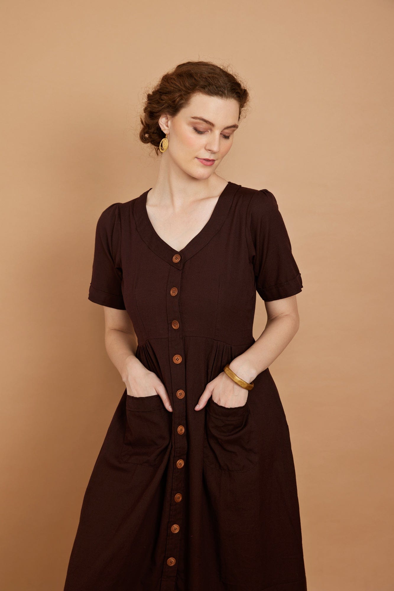 Cotton Flax Dress in Mahogany Brown Cotton Flax Dress in Mahogany Brown